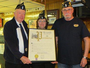 Ernie Spicer, Cmdr Darlene Ardron, and Ron Blanford with Assembly proclamation.